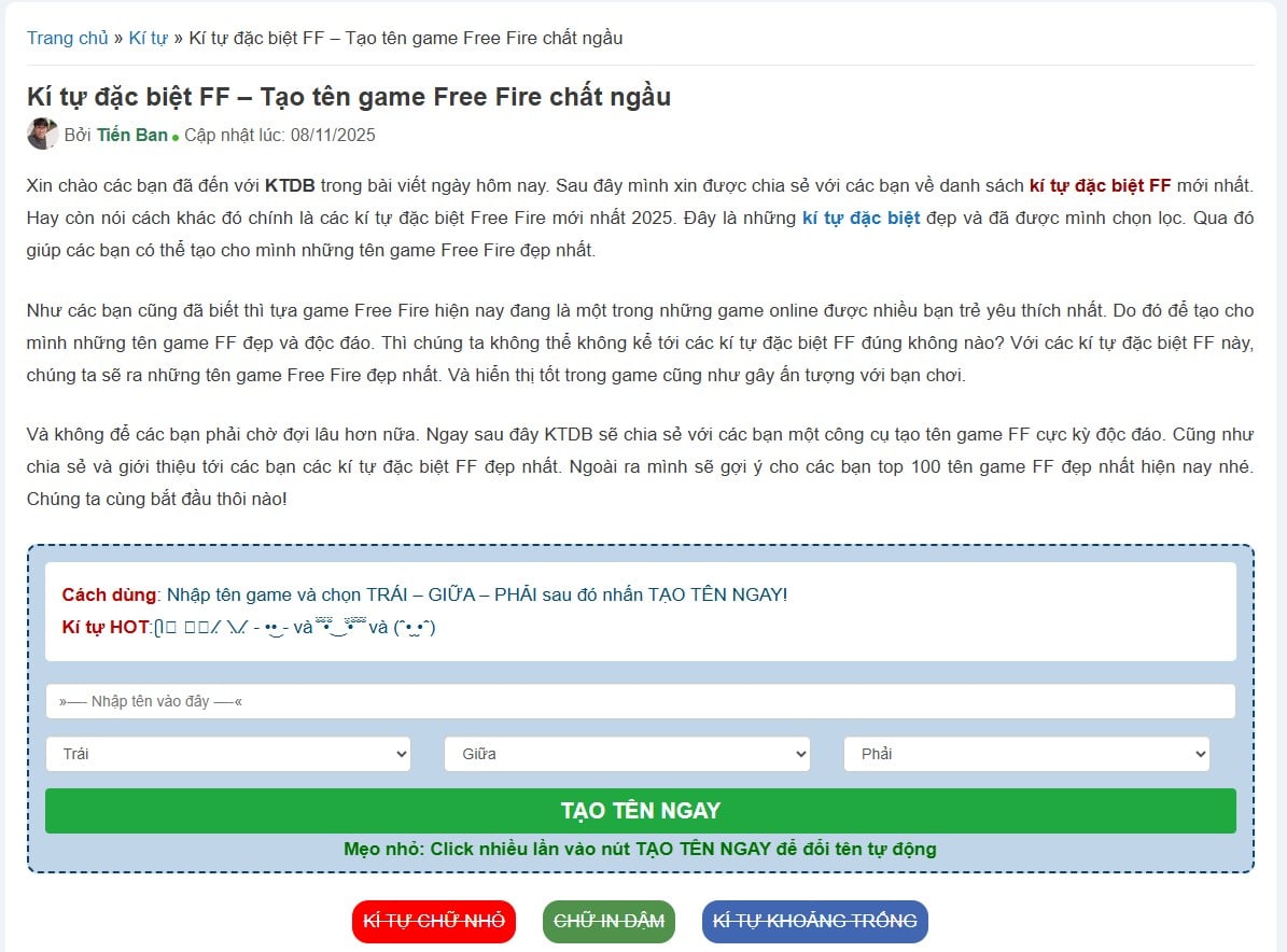 Tạo Tên Game Free Fire Chất Ngầu Cùng Ktdb.Net – Công Cụ Tạo Tên FF Ký Tự Đặc Biệt Hot Nhất 2025