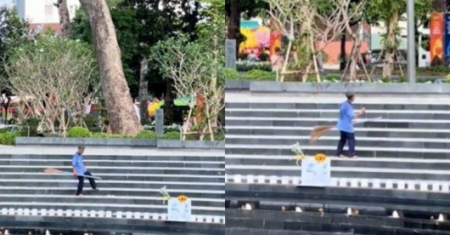 Clip chú lao công vừa quét dọn vừa nhảy truyền động lực đi làm sau Tết