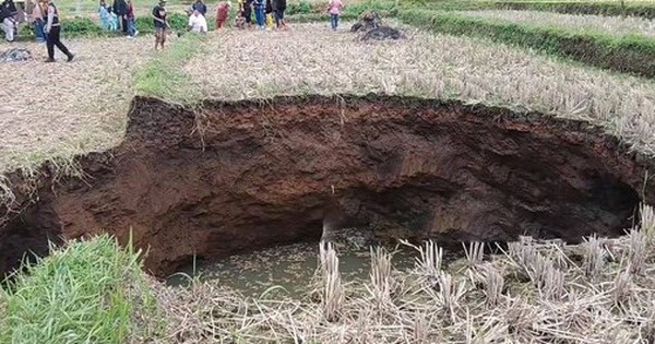 Ruộng lúa bất ngờ xuất hiện hố sụt sâu 5,7 mét, dân đổ xô đến xem