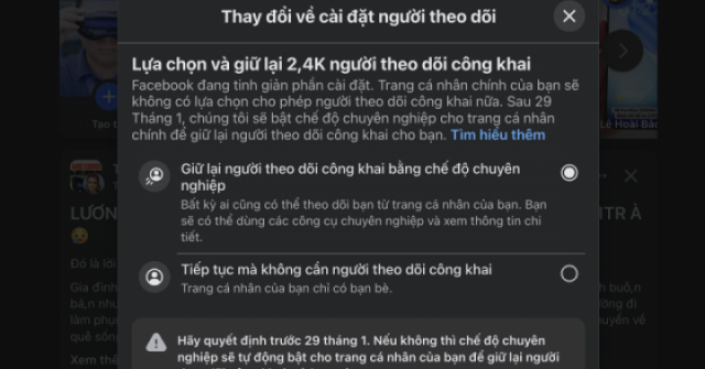 Facebook 'thúc giục' người dùng cập nhật chế độ chuyên nghiệp
