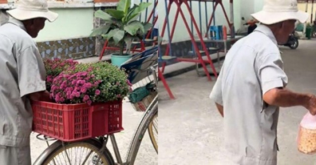 Xúc động clip cụ ông bán ve chai mang hoa Tết đến tặng ân nhân