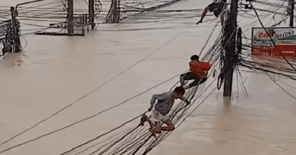 Bàng hoàng cảnh người dân Thái Lan leo dây điện để chạy lũ